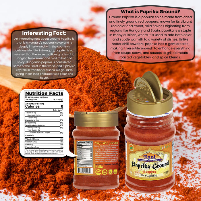 Rani Paprika (Deggi Mirch, Low Heat) Spice Powder, Ground 3oz (85g) PET Jar ~ All Natural, Salt-Free | Vegan | No Colors | Gluten Friendly | NON-GMO | Kosher | Indian Origin