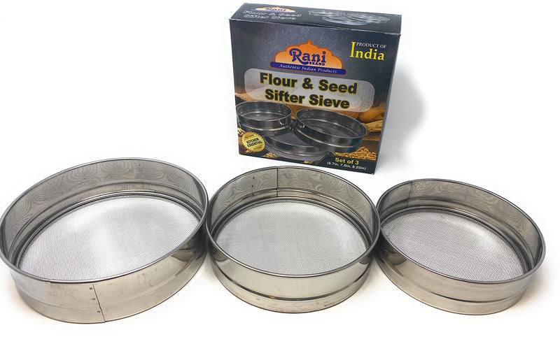 Stainless Steel Sieve ~ Set of 3 ~ for Flours, Seeds, Beans & Lentils - Sizes 6.7", 7.5", 8.25" by Rani Brand