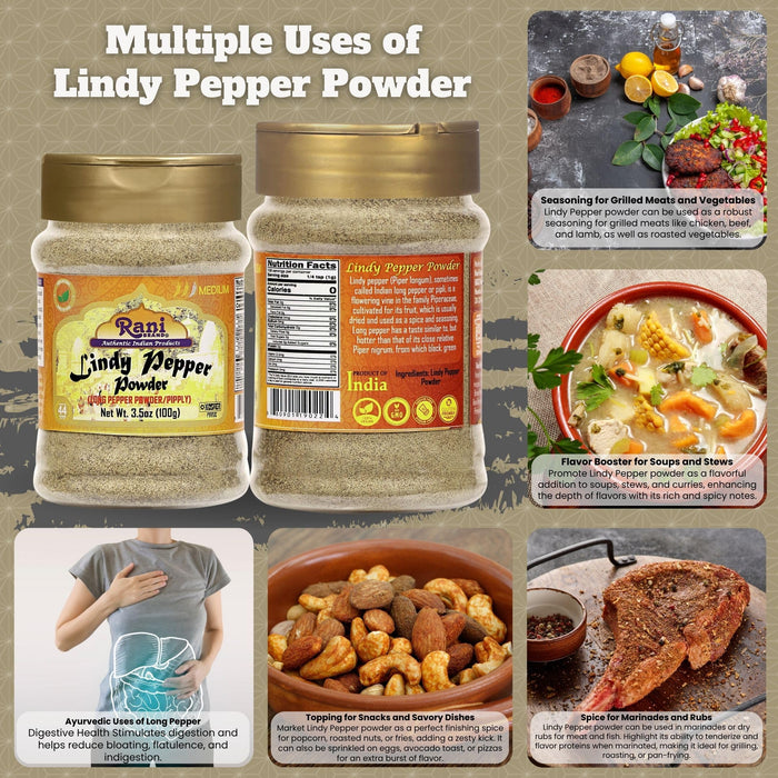 Rani Lindy Pepper Powder (Long Pepper, Piper Longum, Pipli) 3.5oz (100g) PET Jar ~ All Natural | Gluten Friendly | NON-GMO | Kosher | Vegan | Indian Origin