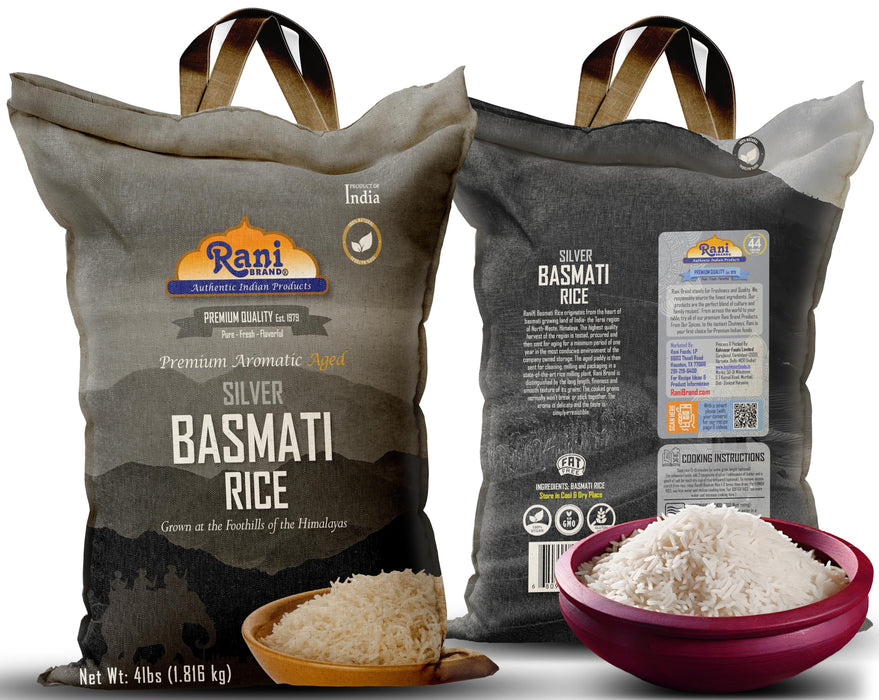 Rani Silver White Basmati Rice Extra Long Aged 4-Pound Bag, 4lbs (64oz) 1.81kg ~ All Natural | Gluten Friendly | Vegan | Indian Origin | Kosher | Export Quality