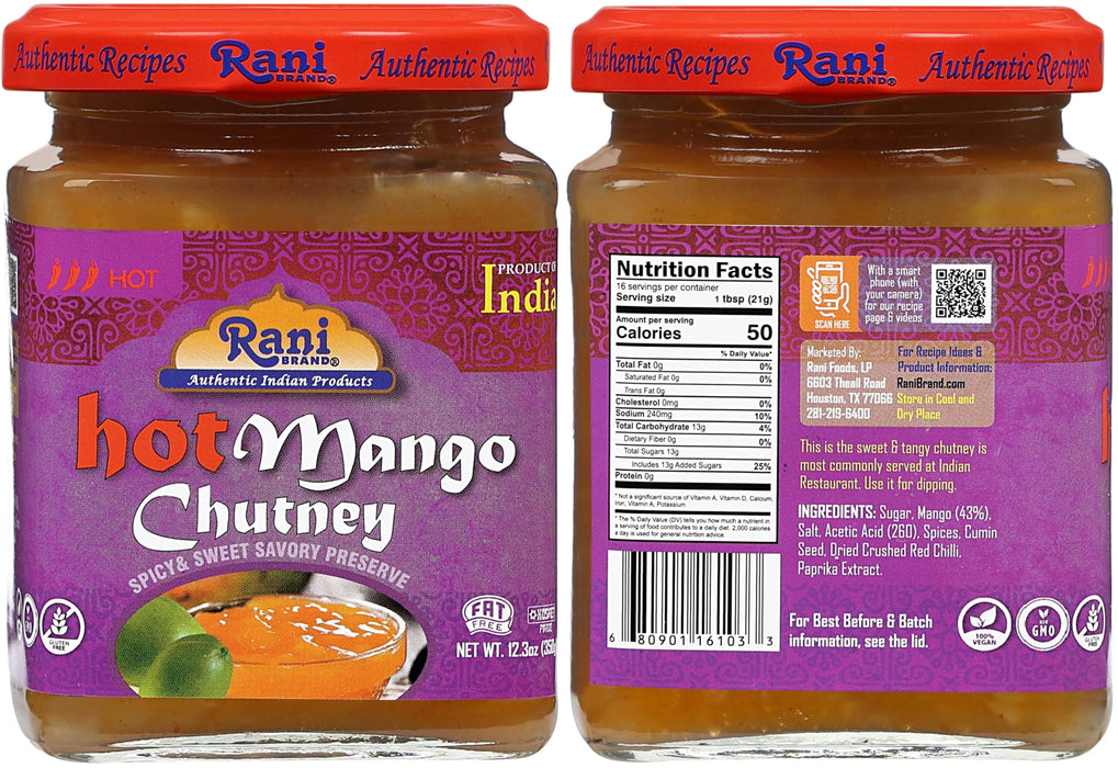 Rani 3-in-1 Mango Chutney (Hot, Sweet, Major Grey) 12.3oz (350g) Glass Jar, Ready to eat, Vegan ~ Gluten Free, All Natural, NON-GMO, Kosher