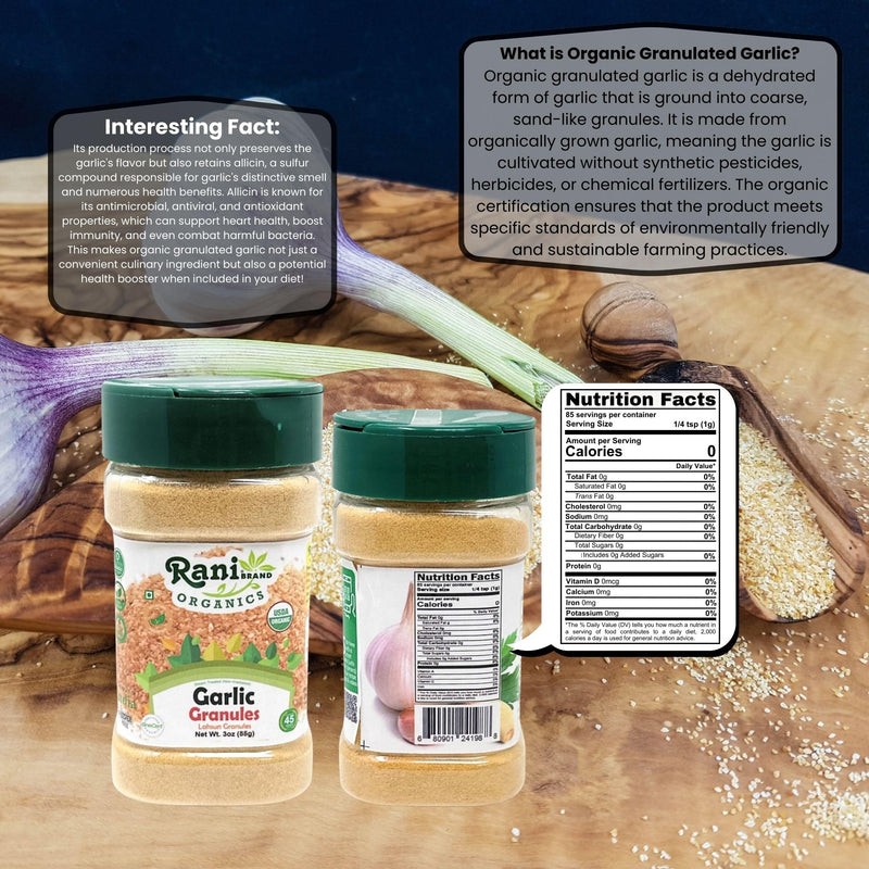Rani Organic Granulated Garlic (Lahsun Granules) 3oz (85g) PET Jar ~ All Natural | Gluten Friendly | Vegan | NON-GMO | Kosher | No Salt or fillers | Product of USA | USDA Certified Organic
