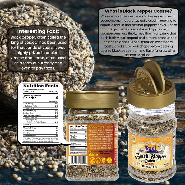 Rani Black Pepper Coarse Ground 28 Mesh (Table Grind), 3oz (85g) PET Jar ~ Gluten Friendly, Non-GMO, All Natural | Kosher