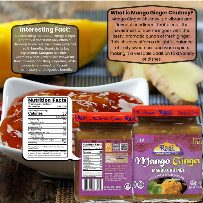 Rani Mango & Ginger Chutney (Indian Preserve) 10.5oz (300g) Glass Jar, Ready to eat, Vegan ~ Gluten Free Ingredients, All Natural, NON-GMO