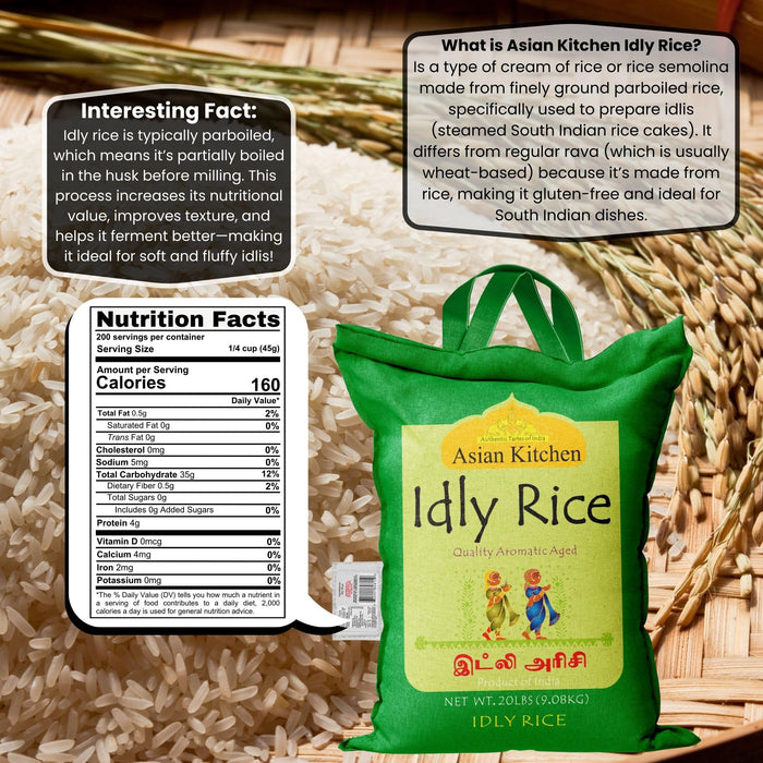 Asian Kitchen Idly (Idli) Rice 20-Pound Bag, 20lbs (9.08kg) Short Grain Rice ~ All Natural | Gluten Friendly | Vegan | Indian Origin | Export Quality