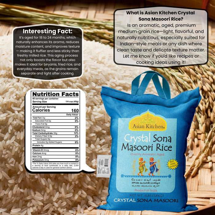 Asian Kitchen Crystal Sona Masoori Aged Rice 4lbs (1.81kg) Short Grain Rice ~ All Natural | Gluten Friendly | Vegan | Indian Origin | Export Quality