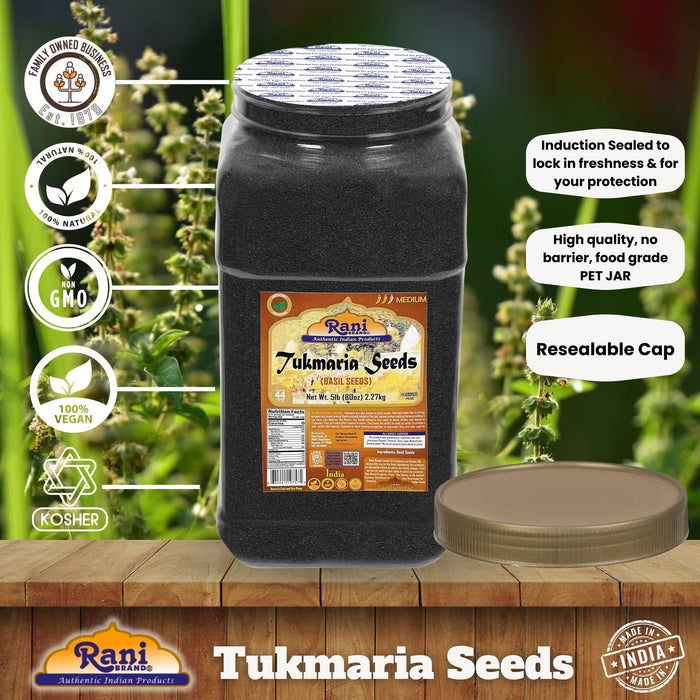 Rani Tukmaria (Holy Basil Seeds) 80oz (5lbs) 2.27kg, PET Jar, Used for Falooda/Sabja Dessert, Spice & Ayurveda Herbal ~ All Natural | Gluten Friendly | NON-GMO | Kosher | Vegan | Indian Origin