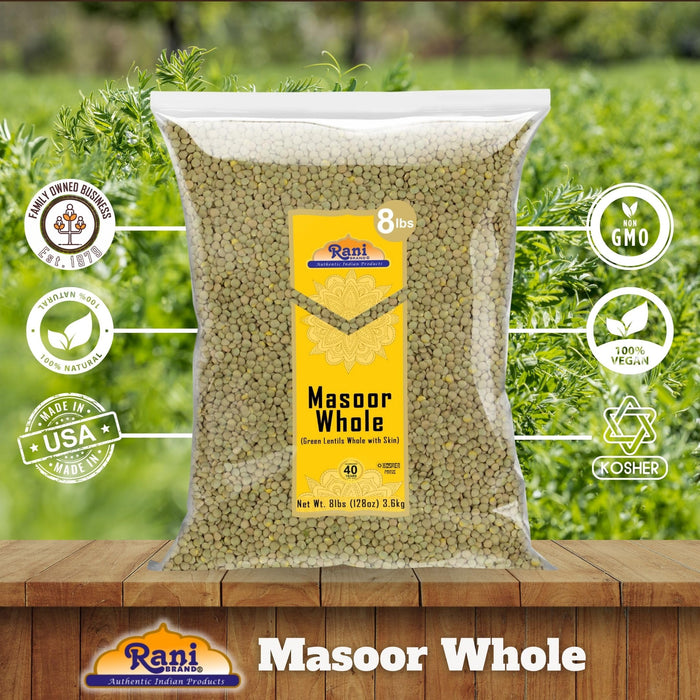 Rani Masoor Whole (Green Lentils Whole With Skin) 128oz (8lbs) 3.63kg Bulk ~ All Natural | Vegan | Gluten Friendly | Non-GMO | Kosher | Product of USA