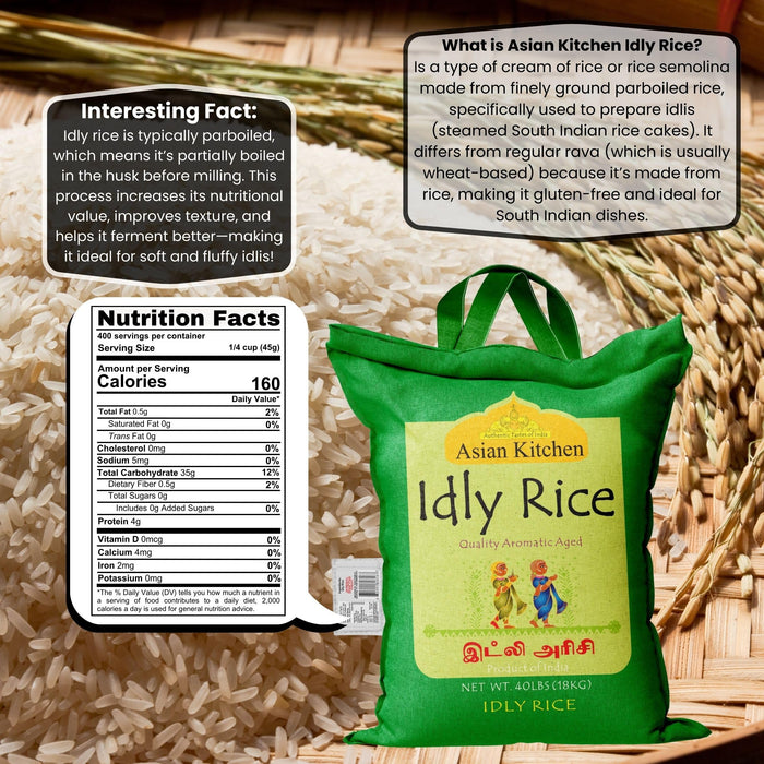 Asian Kitchen Idly (Idli) Rice 40-Pound Bag, 40lbs (18.14kg) Short Grain Rice ~ All Natural | Vegan | Indian Origin | Export Quality