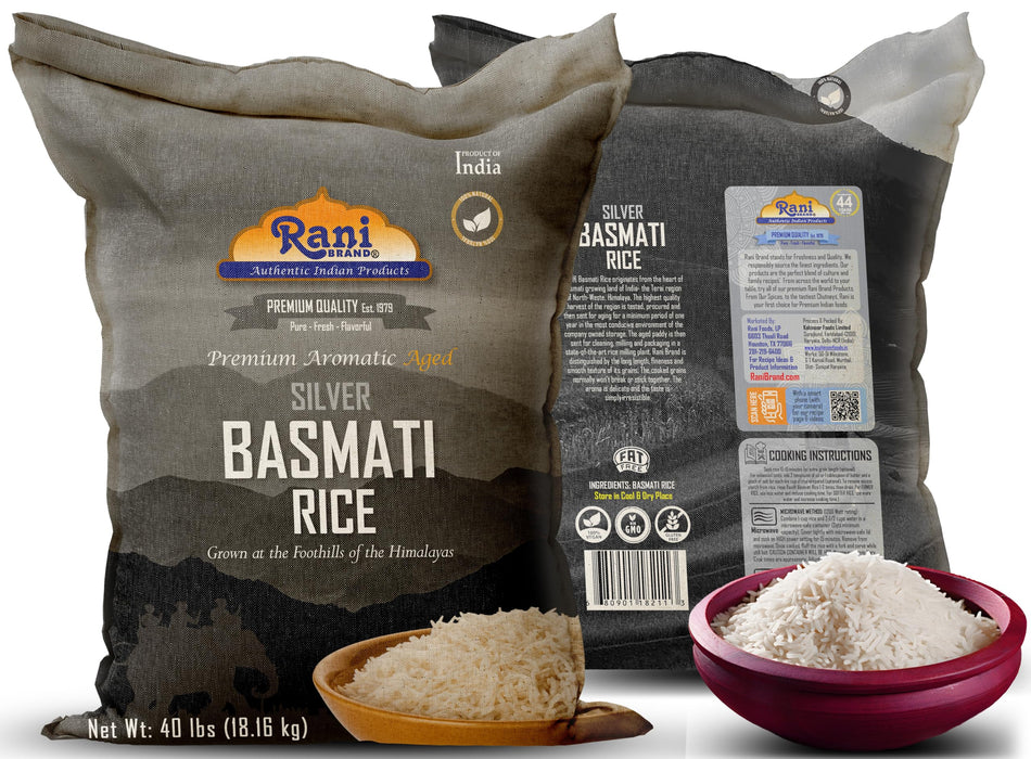 Rani Silver White Basmati Rice Extra Long Aged 40-Pound Bag, 640oz (40lbs) 18.16kg ~ All Natural | Gluten Friendly | Vegan | Indian Origin | Kosher | Export Quality