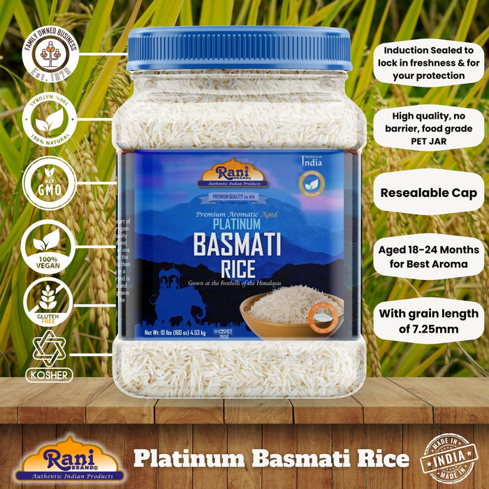 Rani Platinum White Basmati Rice Extra Long Aged 160oz (10lbs) 4.53kg PET Jar ~ All Natural | Gluten Friendly | Vegan | Indian Origin | Kosher | Export Quality