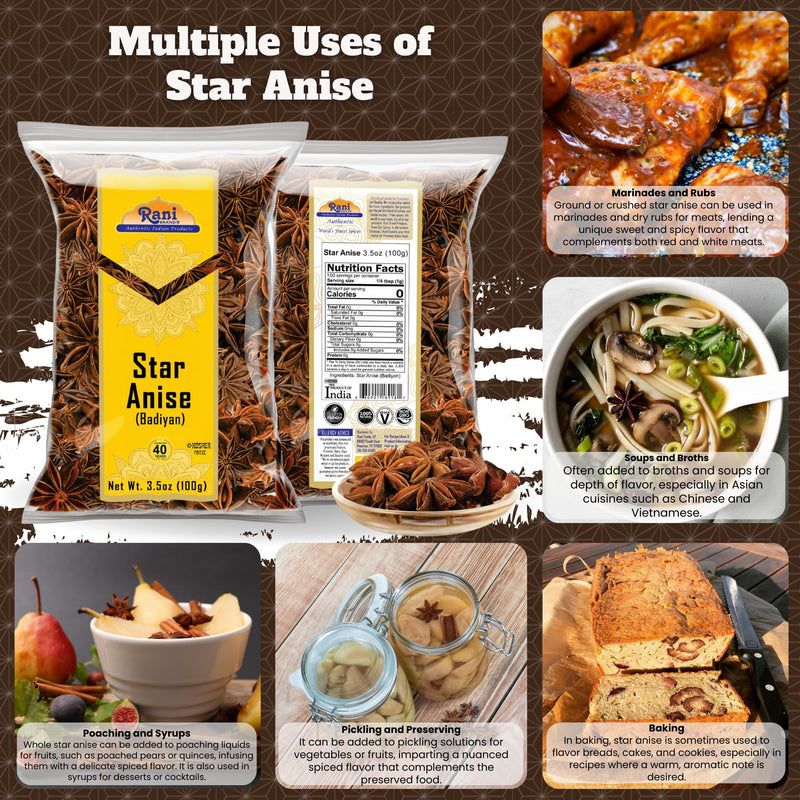Rani Star Anise Seeds, Whole Pods (Badian Khatai) Spice 3.5oz (100g) ~ All Natural | Gluten Friendly | Kosher | Vegan | Whole Chinese Anise Star Sun Dried Spice, Anis Estrella / Illicium Verum, Widely Used for Baking, Drinks, Cooking, and Tea