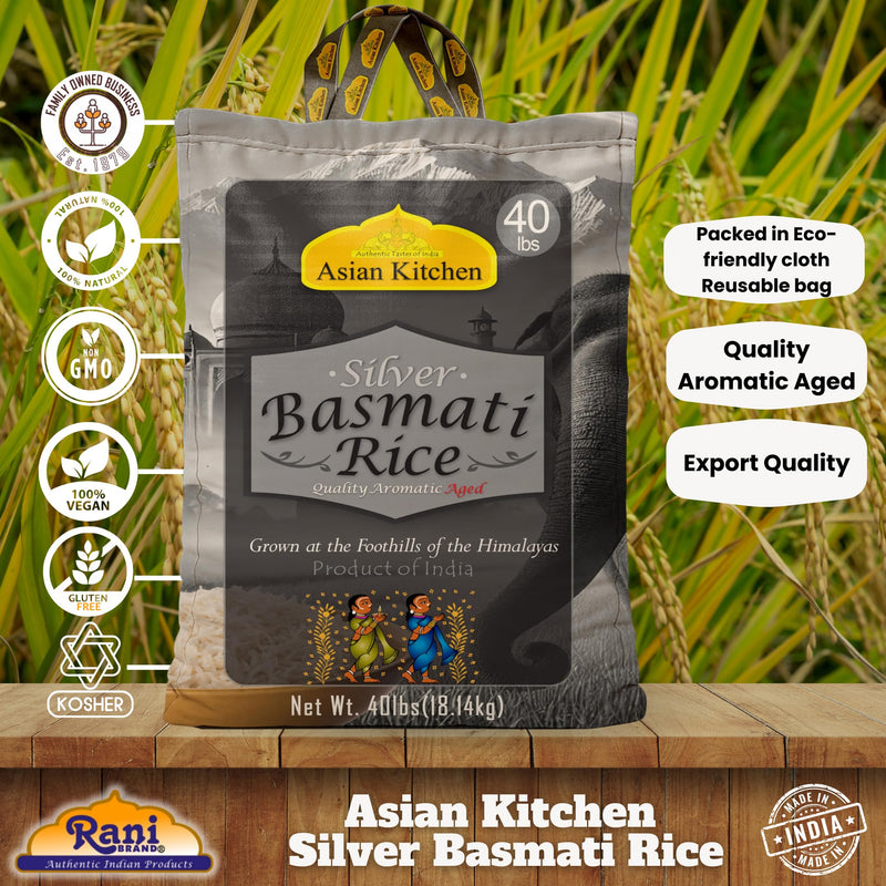 Asian Kitchen Silver White Basmati Rice Aged 40lbs (18.18kg) ~ All Natural | Gluten Friendly | Vegan | Indian Origin | Export Quality