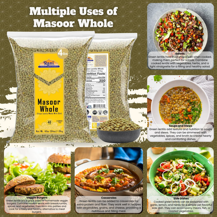 Rani Masoor Whole (Green Lentils Whole With Skin) 64oz (4lbs) 1.81kg Bulk ~ All Natural | Vegan | Gluten Friendly | Non-GMO | Kosher | Product of USA