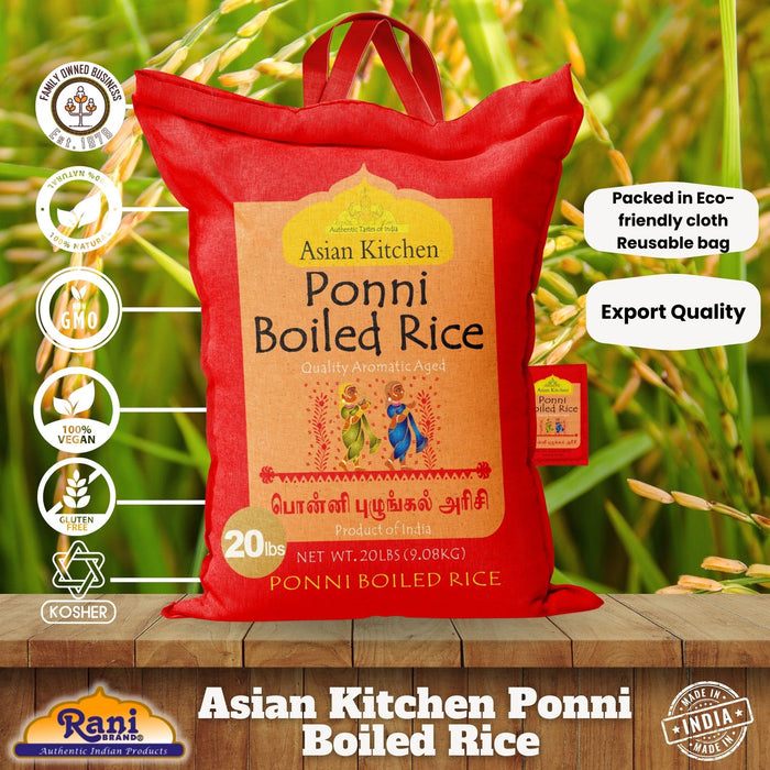 Asian Kitchen Ponni Boiled Rice 20-Pound Bag, 20lbs (9.08kg) Short Grain Par Boiled Rice ~ Natural | Gluten Friendly | Vegan