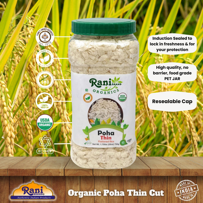 Rani Organic Poha (Powa) Thin Cut (Flattened Rice) 28oz (1.75lbs) 800g PET Jar ~ All Natural, Salt-Free | Vegan | Kosher | No Colors | Gluten Friendly | Indian Origin | USDA Certified Organic