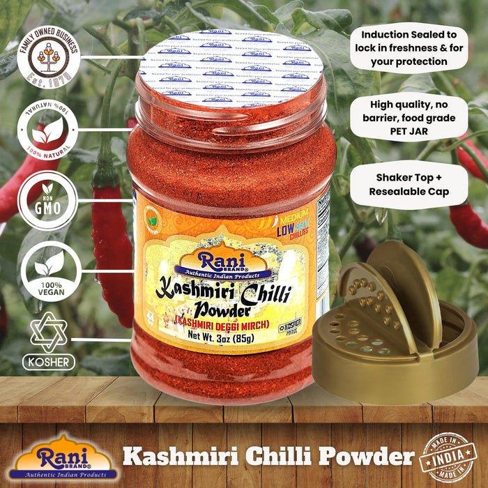 Rani Kashmiri Chilli Powder (Deggi Mirch, Low Heat) Ground Indian Spice 3oz (85g) PET Jar ~ All Natural | Salt-Free | Vegan | Kosher | Gluten Friendly | Perfect for Deviled Eggs & Other Low Heat Dishes