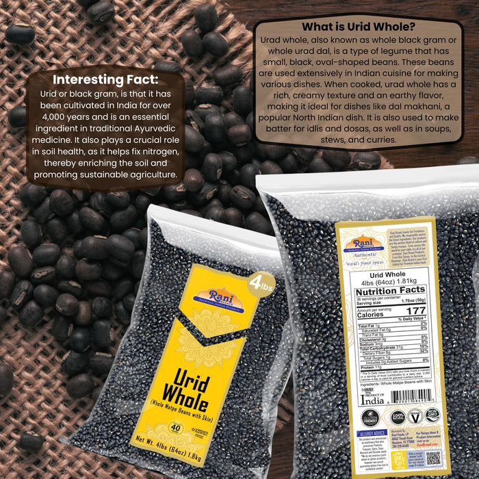 Rani Urid/Urad Whole Black (Matpe Beans with Skin) Indian Lentils 64oz (4lbs) 1.81kg Bulk~ All Natural | Gluten Friendly | NON-GMO | Kosher | Vegan | Indian Origin