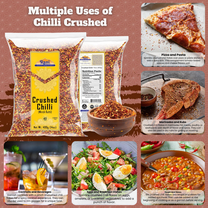 Rani Crushed Red Pepper Flakes Chilli (Pizza Type Cut) 14oz (400g) ~ All Natural, No Color added, Gluten Friendly | Vegan | NON-GMO | Kosher | No Salt or fillers