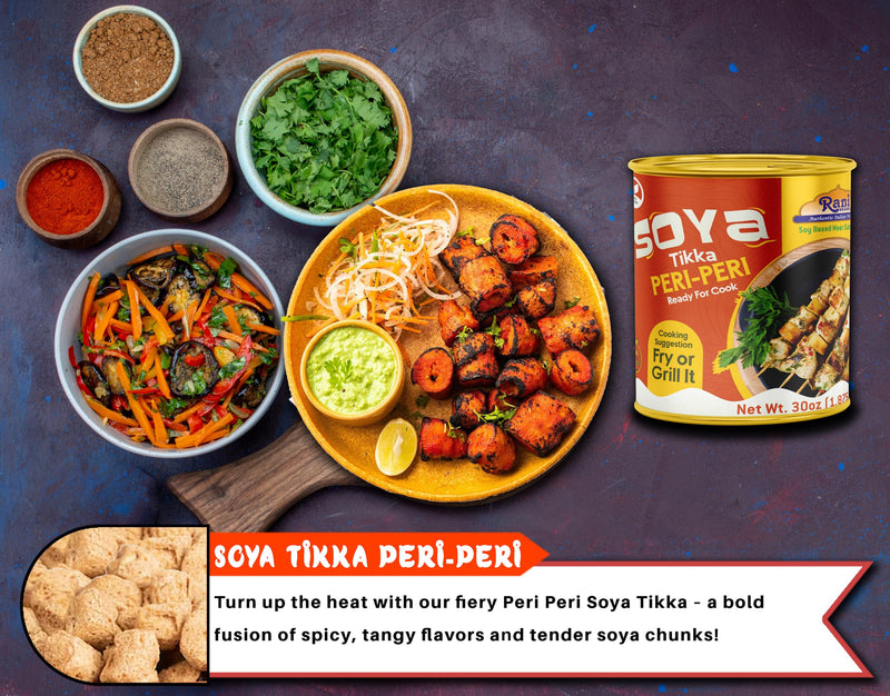 Rani Soya Tikka Peri-Peri 30oz (1.875lbs) 850g, Pack of 6, Ready for Cook ~ Easy Open Lid | All Natural | Vegan | No Colors | NON-GMO | Kosher | Indian Origin | Soy Based Meat Substitute