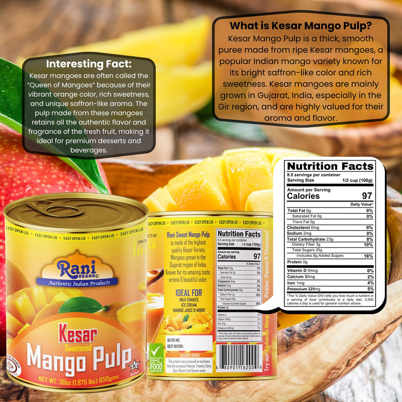 Rani Mango Pulp Puree (Makes Mango Lassi Shakes) Kesar Sweetened 30oz (1.875lbs) 850g Pack of 18 ~ Kosher | All Natural | NON-GMO | Vegan | No colors | Gluten Friendly | Indian Origin