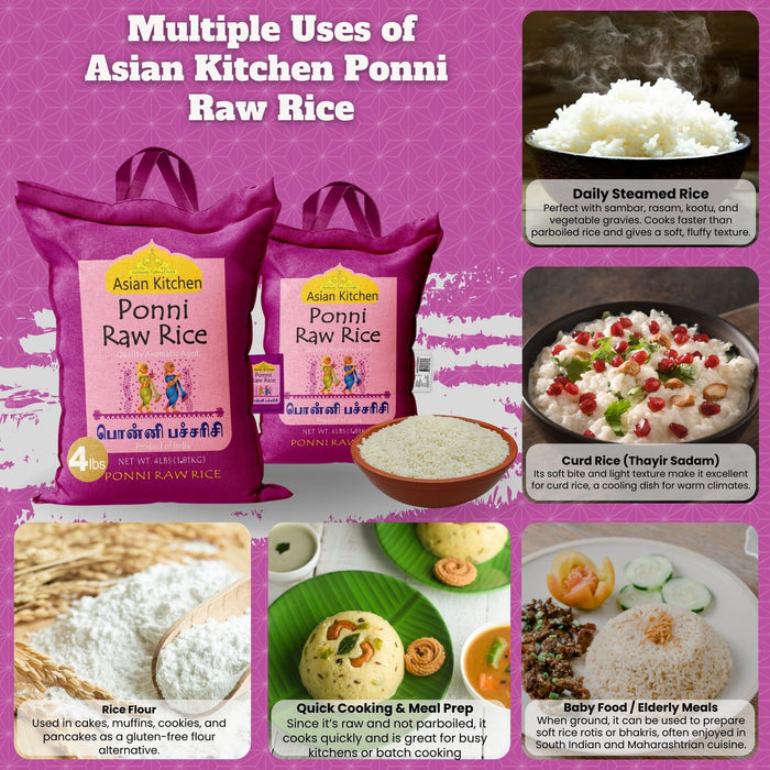 Asian Kitchen Ponni Raw Rice 4-Pound Bag, 4lbs (1.81kg) Short Grain Rice ~ All Natural | Gluten Friendly | Vegan | Indian Origin | Export Quality