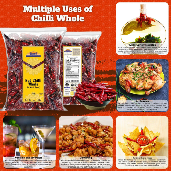 Rani Chilli Whole Indian 14oz (400gm) ~ All Natural | Vegan | No Colors | Gluten Friendly | NON-GMO | Kosher