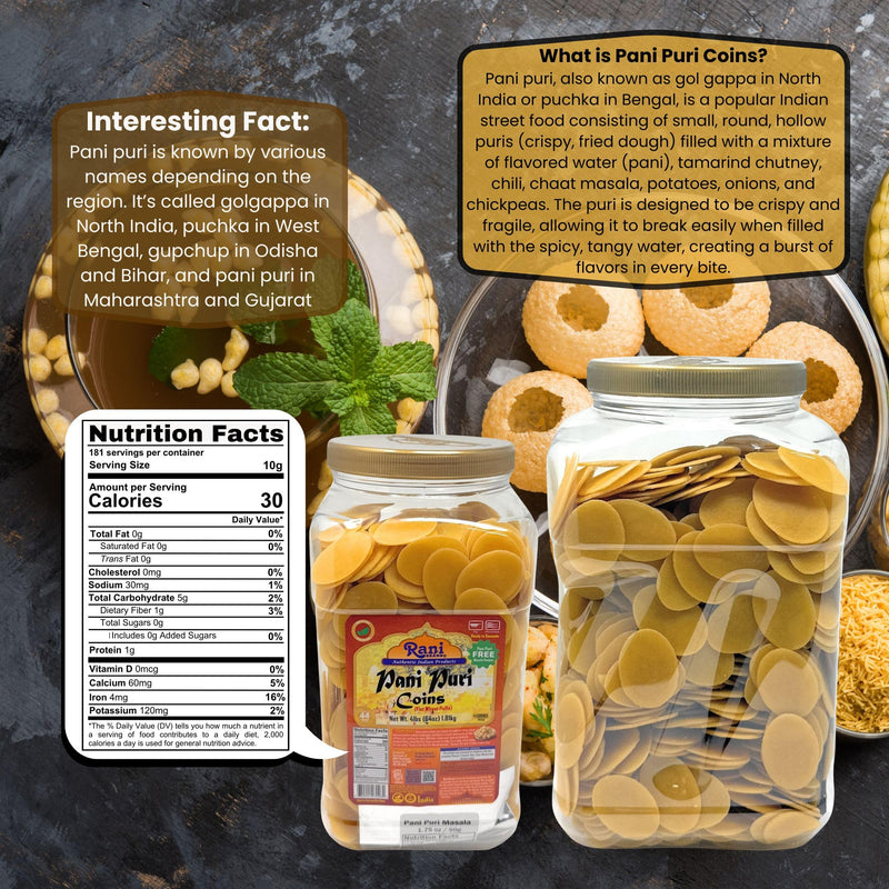 Rani Pani Puri Coins (Uncooked, Microwaveable Wheat Semolina Coins) 64oz (4lbs) w/Pani Puri Masala (14-Spice Blend for Indian Spicy Water) 1.75oz (50g) ~ All Natural | Vegan | NON-GMO | Kosher