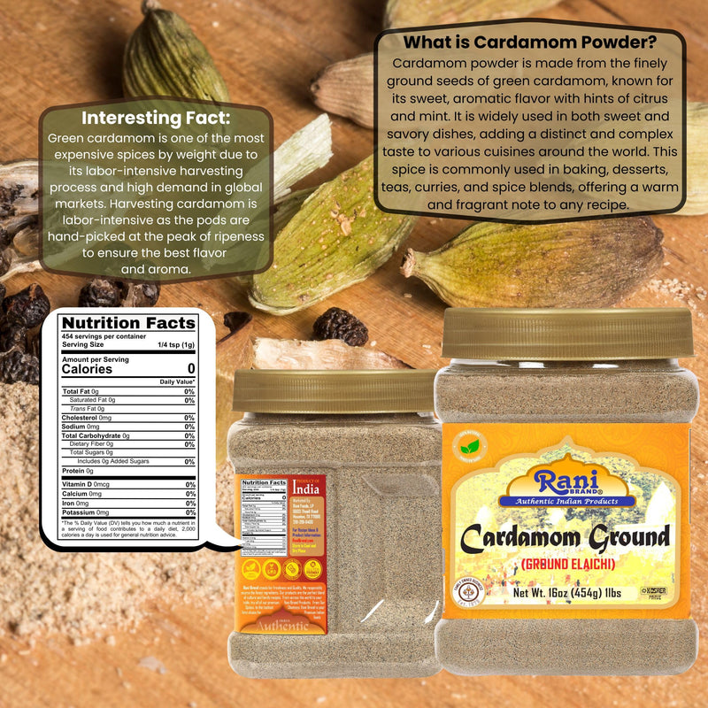 Rani Cardamom (Elachi) Ground, Powder Indian Spice 16oz (1lb) 454g PET Jar ~ All Natural | No Color Added | Gluten Friendly | Vegan | NON-GMO | Kosher | No Salt or Fillers