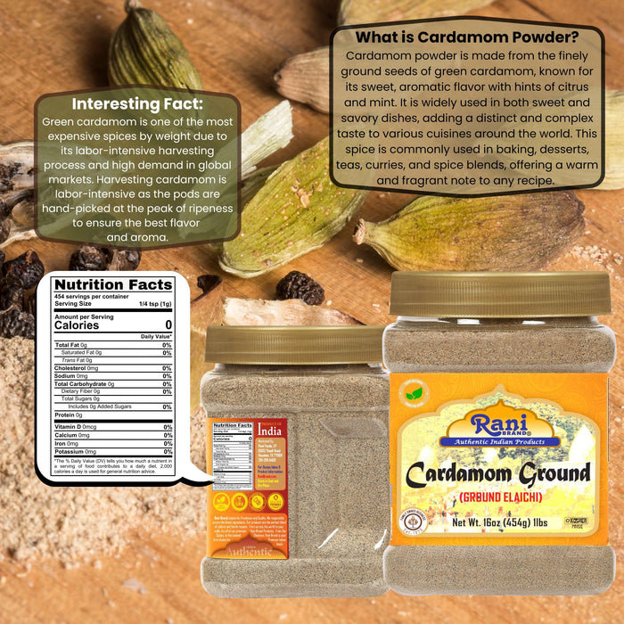 Rani Cardamom (Elachi) Ground, Powder Indian Spice 16oz (1lb) 454g PET Jar ~ All Natural | No Color Added | Gluten Friendly | Vegan | NON-GMO | Kosher | No Salt or Fillers
