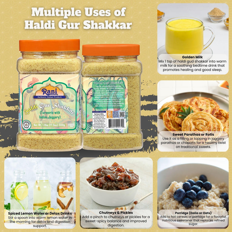Rani Haldi Gur Shakkar (Turmeric with Indian Jaggery) Indian Unrefined Raw Cane Sugar 17.5oz (1.1lbs) 500g PET Jar ~ Gluten Friendly | Vegan | NON-GMO | Kosher | No Salt or fillers | Indian Product