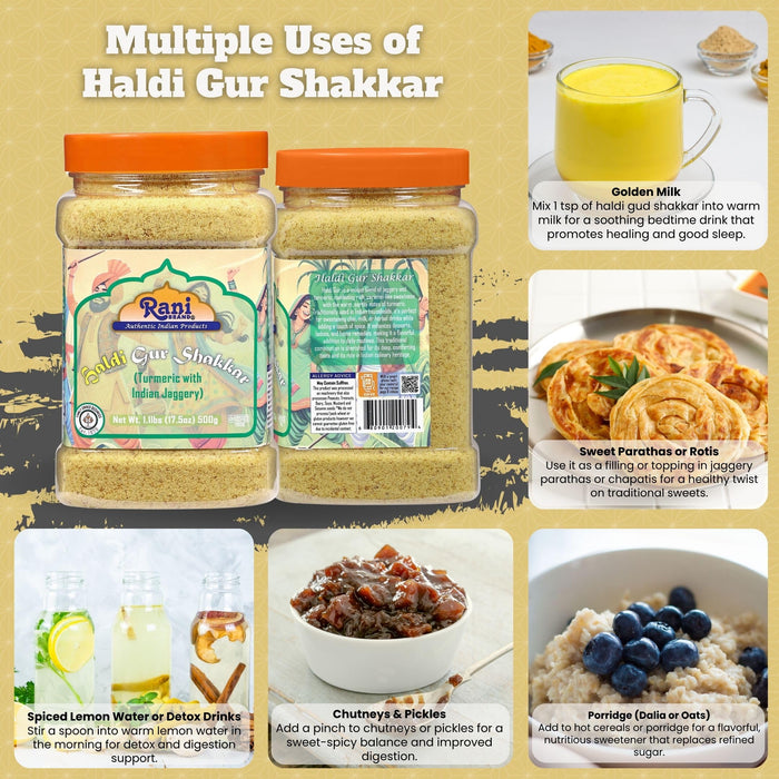 Rani Haldi Gur Shakkar (Turmeric with Indian Jaggery) Indian Unrefined Raw Cane Sugar 17.5oz (1.1lbs) 500g PET Jar ~ Gluten Friendly | Vegan | NON-GMO | Kosher | No Salt or fillers | Indian Product