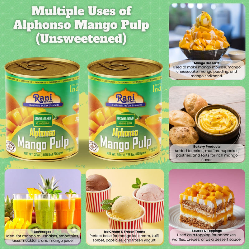 Rani Mango Pulp Puree (Makes Mango Lassi Shakes) Alphonso Unsweetened 30oz (1.875lbs) 850g Pack of 2 ~ Kosher | All Natural | NON-GMO | Vegan | No colors | Gluten Friendly | Indian Origin