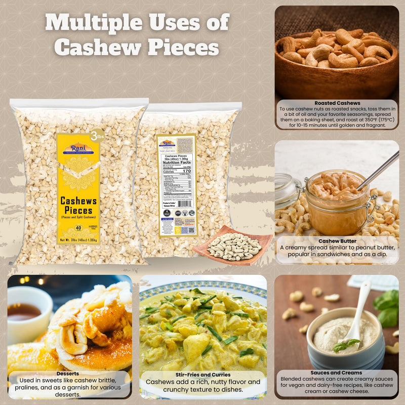 Rani Raw Cashews Halves and Pieces (uncooked, unsalted) 48oz (3lbs) 1.36kg Bulk ~ All Natural, No Preservatives | Vegan | NON-GMO | Kosher | Gluten Friendly