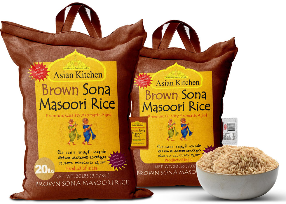 Asian Kitchen Brown Sona Masoori Aged Rice 20lbs (9.08kg) Short Grain Rice ~ All Natural | Gluten Friendly | Vegan | Kosher | Indian Origin | Export Quality