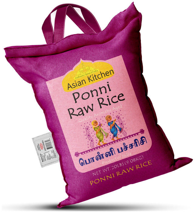 Asian Kitchen Ponni Raw Rice 20-Pound Bag, 20lbs (9.08kg) Short Grain Rice ~ All Natural | Gluten Friendly | Vegan | Indian Origin | Export Quality