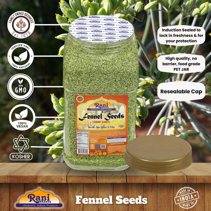 Rani Fennel (Saunf) Seeds Whole, Indian Spice 80oz (5lbs) 2.27kg Bulk PET Jar ~ All Natural | Gluten Friendly | NON-GMO | Vegan | Kosher | Indian Origin