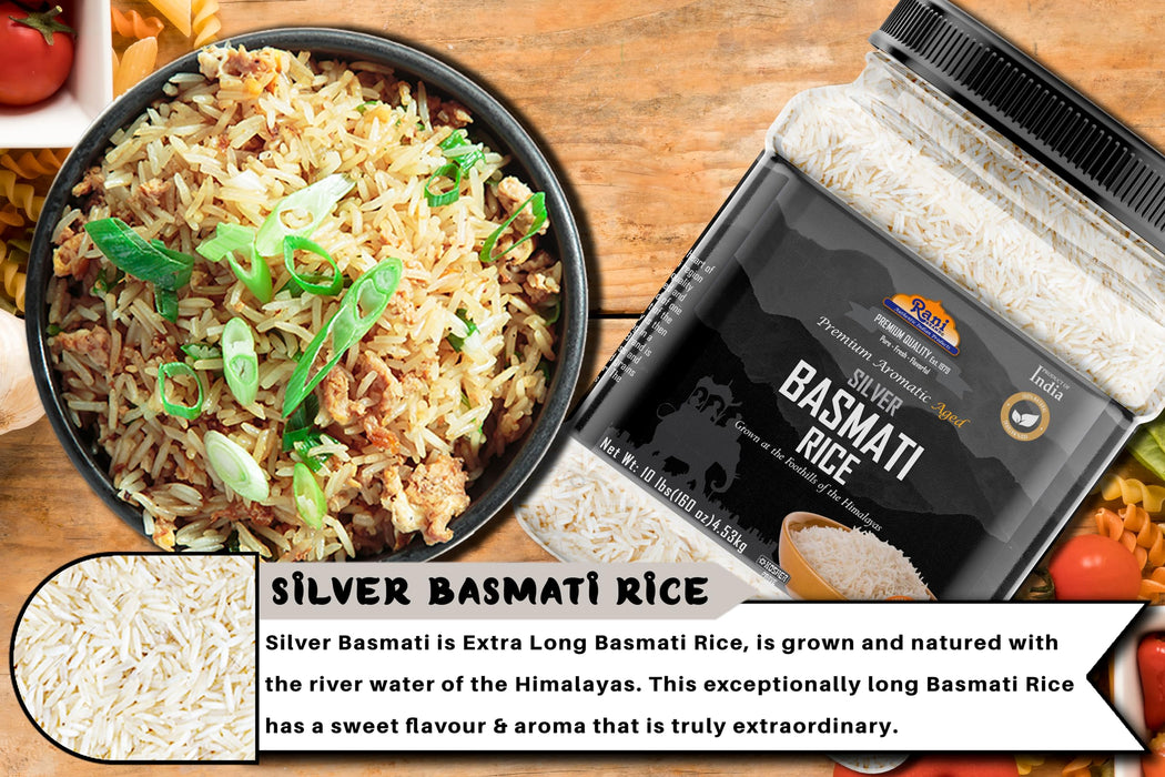 Rani Silver White Basmati Rice Extra Long Aged 160oz (10lbs) 4.53kg PET Jar ~ All Natural | Gluten Friendly | Vegan | Indian Origin | Kosher | Export Quality