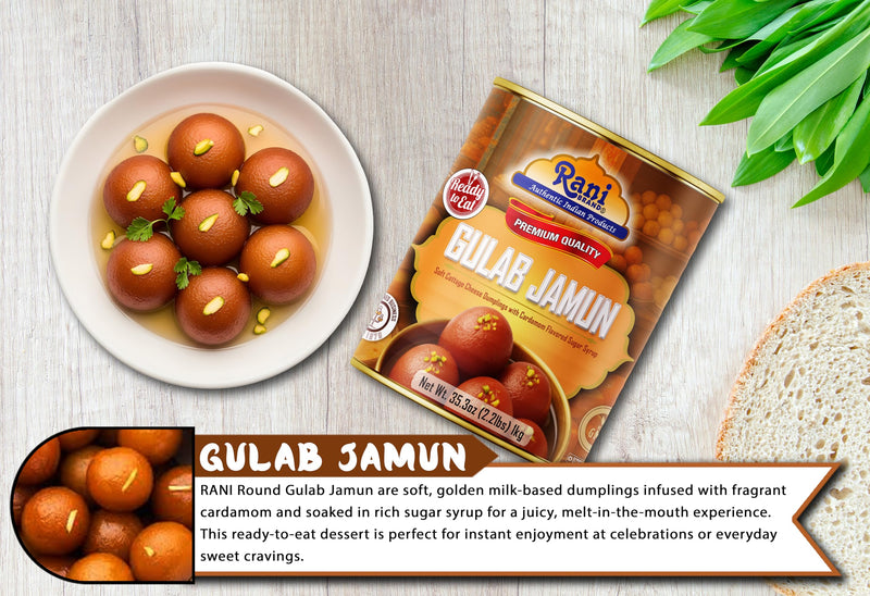 Rani Gulab Jamun Round (w/ Cardamom Flavored Sugar Syrup) 35.3oz (2.2lbs) 1kg Pack of 18, Approximately 14 pieces, Easy Open Lid ~ Ready to eat | Non-GMO | Kosher | Indian Origin