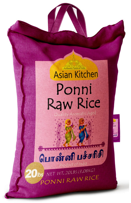 Asian Kitchen Ponni Raw Rice 20-Pound Bag, 20lbs (9.08kg) Short Grain Rice ~ All Natural | Gluten Friendly | Vegan | Indian Origin | Export Quality