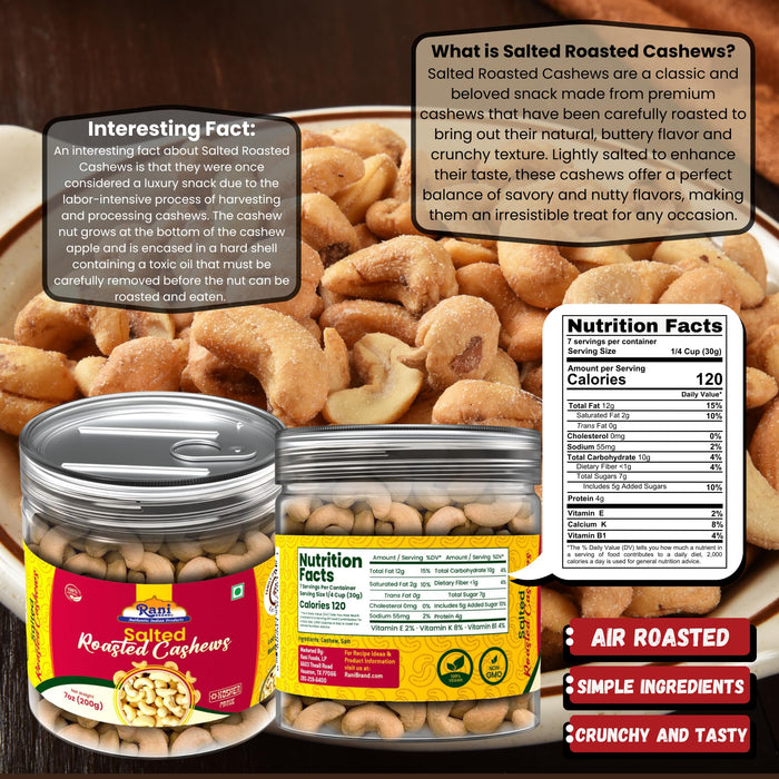 Rani Salted Roasted Cashews 7oz (200g) PET Jar, Non-Fried, Oil Free ~ All Natural | Vegan | Gluten Friendly | NON-GMO | Kosher | Air Roasted, Crunchy & Flavorful