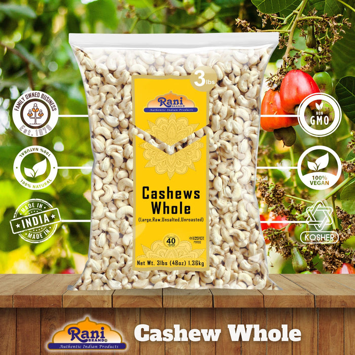 Rani Raw Cashews Whole (uncooked, unsalted) 48oz (3lbs) 1.36kg Bulk ~ All Natural, No Preservatives | Vegan | NON-GMO | Kosher | Gluten Friendly