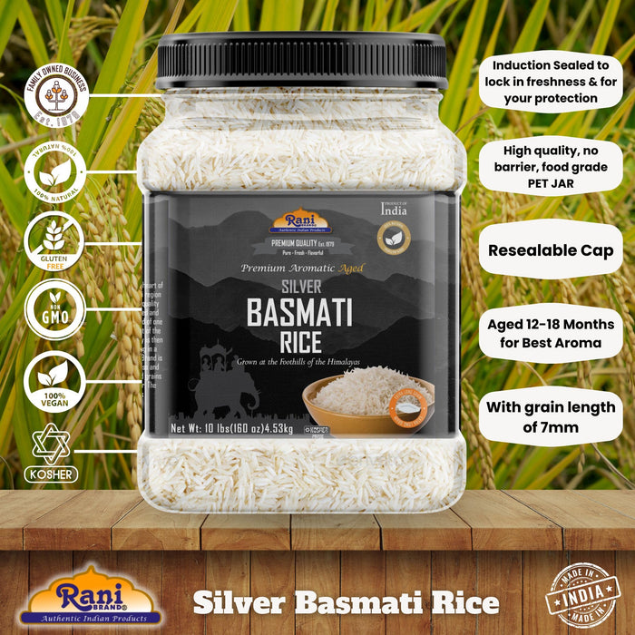 Rani Silver White Basmati Rice Extra Long Aged 160oz (10lbs) 4.53kg PET Jar ~ All Natural | Gluten Friendly | Vegan | Indian Origin | Kosher | Export Quality