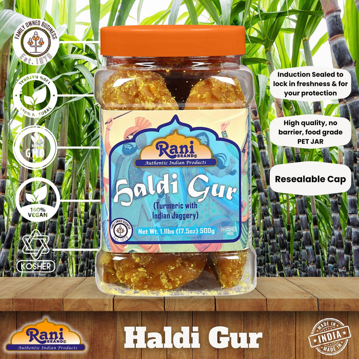 Rani Haldi Gur (Turmeric with Indian Jaggery) Indian Unrefined Raw Cane Sugar 17.5oz (1.1lbs) 500g PET Jar ~ Gluten Friendly | Vegan | NON-GMO | Kosher | No Salt or fillers | Indian Product