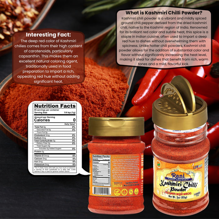 Rani Kashmiri Chilli Powder (Deggi Mirch, Low Heat) Ground Indian Spice 3oz (85g) PET Jar ~ All Natural | Salt-Free | Vegan | Kosher | Gluten Friendly | Perfect for Deviled Eggs & Other Low Heat Dishes