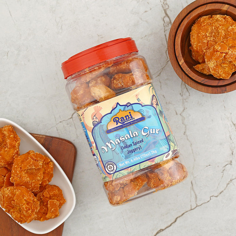Rani Masala Gur (Jaggery) Indian Unrefined Raw Cane Sugar 70oz (4.4lbs) 2kg PET Jar ~ Gluten Friendly | Vegan | NON-GMO | Kosher | No Salt or fillers | Indian Product