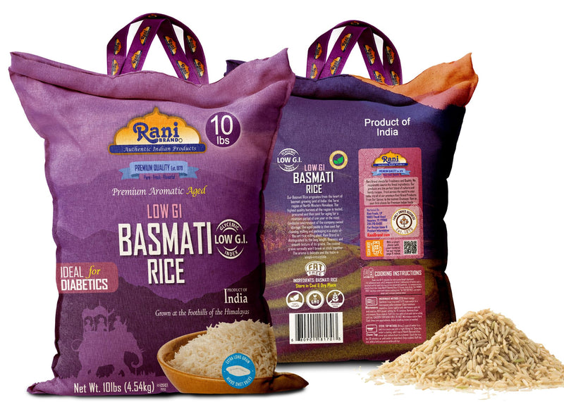 Rani White Basmati Rice Low GI (Glycemic Index) Extra Long Aged, Ideal for Diabetics, 10lbs (160oz) Pack of 4 Cloth Bag ~ All Natural | Gluten Free | Vegan | Indian Origin | Export Quality