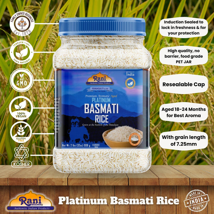 Rani Platinum White Basmati Rice Extra Long Aged 32oz (2lbs) 908g PET Jar ~ All Natural | Gluten Friendly | Vegan | Indian Origin | Kosher | Export Quality