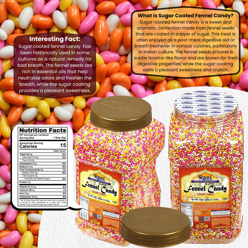 Rani Sugar Coated Fennel Candy 160oz (10lbs) 4.54kg Bulk PET Jar ~ Indian After Meal Digestive Treat | Vegan | Gluten Friendly | NON-GMO | Kosher | Indian Origin