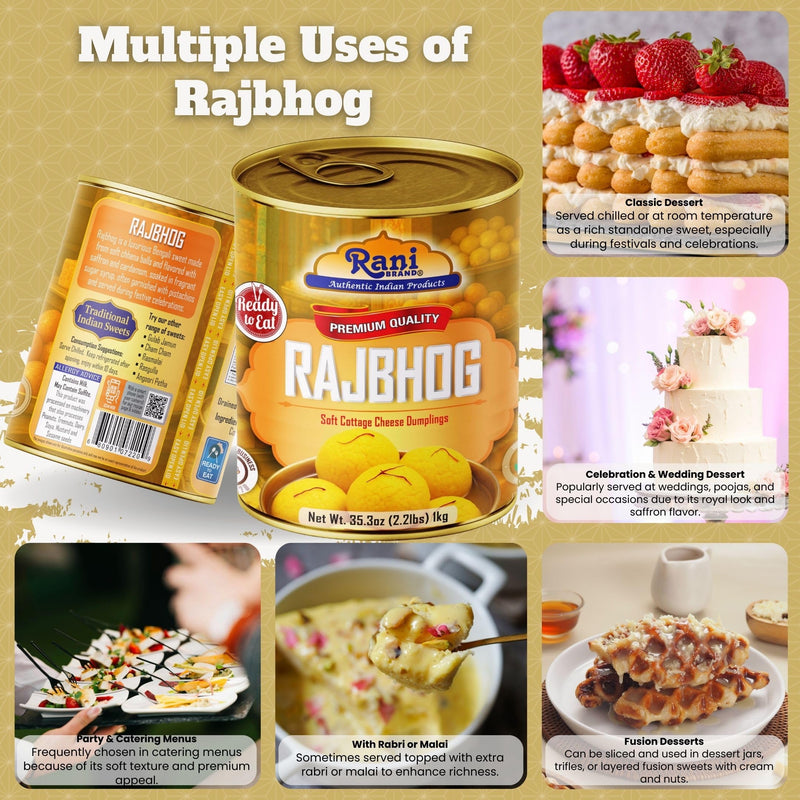 Rani Rajbhog (Soft Cottage Cheese Dumplings) 35.3oz (2.2lbs) 1kg, Approximately 14 pieces, Easy Open Lid ~ Ready to eat | All Natural | Gluten Free | Non-GMO | Kosher | Indian Origin